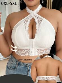 Plus Size Women Front Closure Lace Patchwork Bra, Soft & Comfortable Wireless Bra With Removable Padded, Halter Design - White - View 4
