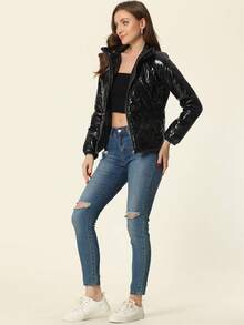Women's Christmas Puffer Jacket Holographic Shiny Metallic Jacket - Black - View 2