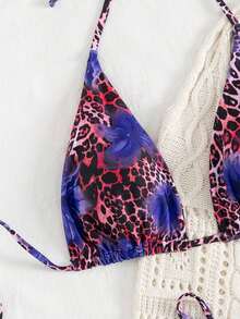 2 件豹纹和花卉印花性感露背系带前抹胸比基尼套装，波西米亚风格泳衣，适合海滩度假，夏季 - 紫色 - 查看 4