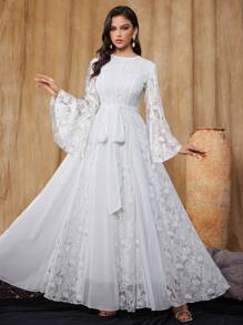 Vestido de Noiva de Luxo Feminino de Renda, Manga Sino, Estilo Boêmio, Casamento ao Ar Livre, Vestido de Noiva Formal Elegante