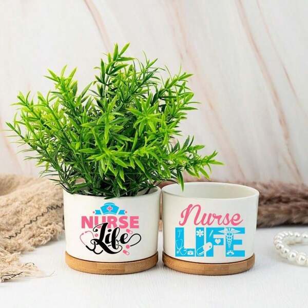 1pc Ceramic Planter Pot With Bamboo Tray (3.6"X2.6"), Succulent Planter, Nurse Life Theme - Nurse Cap, Stethoscope, Pill Elements With "Nurse Life" Text, Planter Pot Gift, Yard Decor, Desktop Decoration