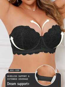 Plus Size Lace Patchwork Soft & Comfortable Side Button Front Closure Bra With Underwire And Removable Shoulder Strap