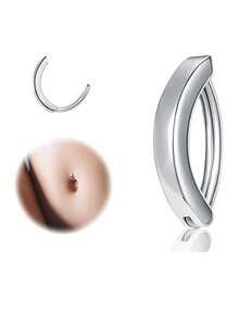 1pc Stainless Steel Plain Navel Ring, Unisex Simple & Fashionable Body Piercing Jewelry - Silver - View 2