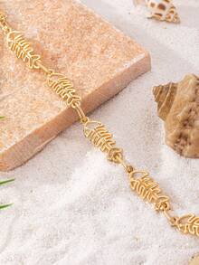1pc Women Fishbone Design Anklet, Stylish & Delicate, Suitable For Summer Party & Vacation Outfit - Golden - View 3