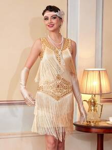 1920s Sleeveless Fringe Dress, Round Neck, Flapper Style, Sequin Fringe, Roaring Twenties Cocktail Party Dress Wedding - Apricot - View 2