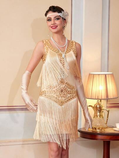 فستان فساتين ال- فلابر بلا أكمام من طراز العشرينيات، فستان العنق الواسع على طريقة جريت جاتسبي، فستان مفصص بترتر للعشرينيات المزهرة، فستان كوكتيل