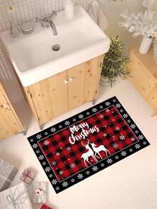 1 pieza Felpudo de Bienvenida de Navidad Alegre, Alfombra de Piso con Estampado a Cuadros de Árbol de Navidad y Alce, Antideslizante y Absorbente para Interior/Exterior, Decoraciones Navideñas 2024 para Decoración del Hogar, Baño, Cocina, Regalos de Navidad, Feliz Año Nuevo 2025, Decoraciones del Hogar para Festivales y Días Festivos - Multicolor - Ver 3