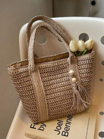 Nuova borsa a tracolla elegante in stile boho, in paglia alla moda, borsa da spiaggia per vacanze, ampia capacità, design leggero ed elegante, con nappe, adatta per donne, studenti universitari, adolescenti, borsa in paglia da spiaggia estiva fatta a mano