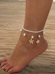 3pcs Fashionable Elegant Versatile Niche Design Starfish, Shell & Pearl Pendant Anklet Set, Suitable For All Occasions, Great Gift Choice
