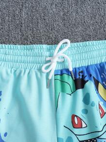 pokemon Pantalones cortos de verano informales para hombres con estampado de dibujos animados y cordón a la cintura