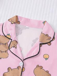 Conjunto de pijama tipo cárdigan para niños, conjunto de ropa de casa ligera de manga corta con estampado de capibara y mandarina lindo para niñas, para el verano