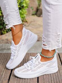 夏季女士透气网眼一脚蹬休闲运动鞋，软底防滑轻便运动鞋 - 白色 - 查看 4