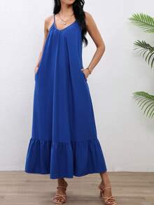 V-Neck Strap Ruffle Hem Long Dress With Pockets Party Summer - Blue - View 3