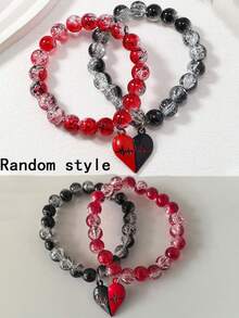 2pcs/1pc 黑红冰碎玻璃圆珠情侣手链哥特式风格 ECG 爱情吊坠情侣磁力手链玻璃珠手链节日礼物 - 14-16Y - 查看 6