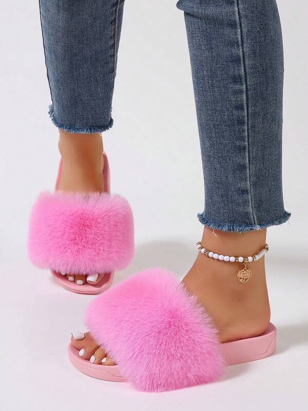 Women's Furry Colored Beach Slippers, Solid Color Fluffy Anti-Slip Sole, Fashion Slip-On Sandals For Home Or Outdoor In Summer