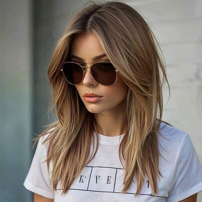 16 英寸中长直发棕色至金色假发深色发根合成假发耐热假发带侧刘海女士假发