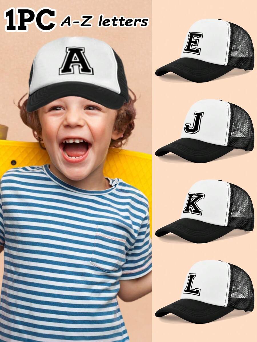 1pc Letter Print Kids Truck Mesh Cap Set, Fashion Foam Mesh Hat For Children, Suitable For Children's Day, Back To School, Daily Wear, Travel Matching - Black and White - View 1