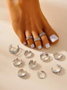 12pcs Retro Floral & Hollow Geometric Multi-Element Decorative Toe Rings Set, Suitable For Women & Girls Vacation, Party, Daily Wear Jewelry Accessories