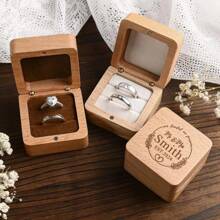 1 Pc Personalized Engagement Ring Box, Customized Engraved Wooden Ring Box, Double Slot Square Wedding Ring Box, Ring Bearer Box, Anniversary Gift For Her, Valentine's Day Gift, Mother's Day Gift
