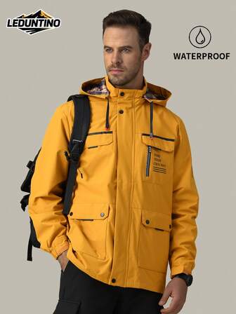 LEDUNTINO [Spring/Summer] Men's Fashion Zip-Up Casual Outdoor Jacket, Sports, Solid Colors (Burgundy, Green, Grey), Slogan, Boyfriend Gift, Men's Spring/Autumn Lightweight Tops, Detachable Hood, Windproof, Windbreaker, Multi-Pocket, Letter Print Jacket Coat, For Fall/Winter