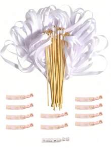 1set 10pcs Ribbon Wand Plus 11pcs Wedding Party Wristband With Triple Ribbon And Silver Bell Party Wand Party Gift Streamer Ribbon Wand Magic Fairy Wand, Wristband, Party Decoration, Party Wristband For Wedding Decoration Summer Birthday Gifts Beach Back To School School Supplies Room Decor