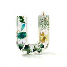 1pc Resin Dried Flower Letter Pendant, Floral Leaf & Golden Sequin Design, For DIY Keychains, Bag Charms, Etc.