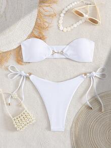 Nuovo costume da bagno sexy alla moda, bikini a due pezzi con bandeau a tinta unita e spalline incrociate per le donne