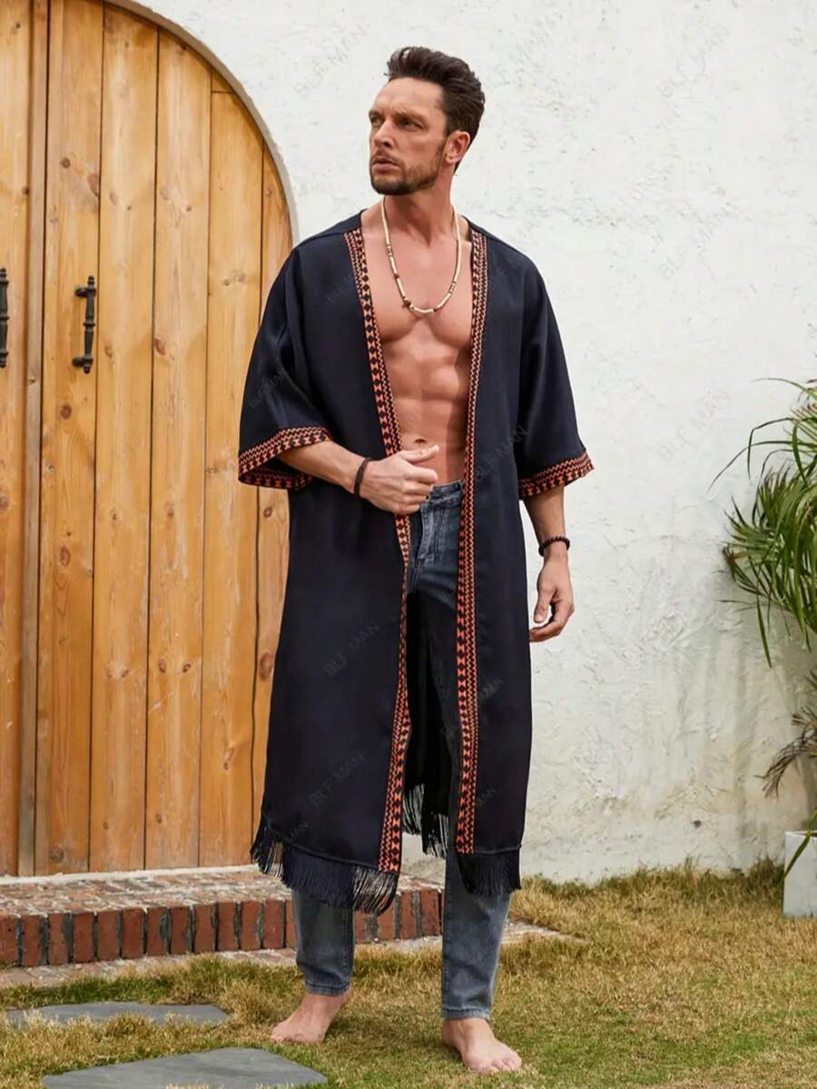 ردن كاجوال رجالي بتصميم هندسي معاصر مرقع مع حاشية شراشيب