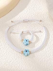 2pcs Set Handmade Woven Floral Ring And Bracelet, Fashionable And Elegant Design Suitable For Women's Daily & Holiday Wear