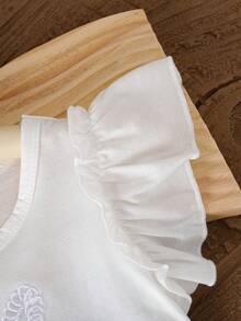2pcs Girls Summer Casual Simple Embroidery Top And Denim Shorts Set - White - View 3