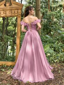 Faeriesty Luxe 优雅露肩网纱晚礼服，高开衩设计 | 适合正式晚宴、森林绿婚礼和盛大舞会等场合 - 藕粉色 - 查看 3