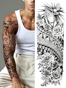 1 Sheets Extra Large Full Arm Size Body Art Temporary Tattoo Stickers For Men, Black Maori Totem Style Clock Flower Tiger Pattern, Waterproof Fake Sleeves Tattoos, Lasts 2-5 Days, Covering Scars, Can Be Used On Arms Wrist Shoulders Legs Waist Neck Hand Chest Thighs Finger, Best Friend Couple Party Tattoo - Black - View 6