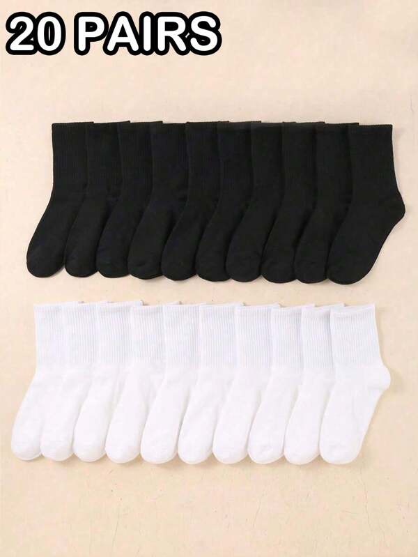 5 Pairs/10 Pairs/20 Pairs/30 Pairs Of Children's Casual Socks, Medium Long Socks, White Socks, Winter Socks, Black Socks, Deodorizing, Sports, Breathable, Sweat Absorbing, Suitable For Ages 3-16