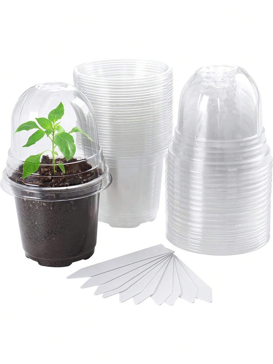 10sets-Clear Nursery Pots With Humidity Dome, 10CM Plastic Plant Pot Seedling Start Pots Flower Pot With Drain Holes For Flower Plant See,Gardening Supplies,Gardening,Garden,Pots For Plants,Room Decor,Home Decor,DIY Gardening Signs,Transparent Plastic Gardening Pot Planting Containers Cups Planter Small Starter Seed Starting Trays For Seedling (Clear) - 透明色 - 查看 1