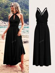 Women Casual Vacation Sexy Solid Color Halter Backless Cinched Waist Dress