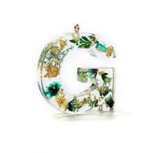 1pc Resin Dried Flower Letter Pendant, Floral Leaf & Golden Sequin Design, For DIY Keychains, Bag Charms, Etc.