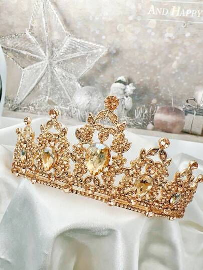 1pc Fashionable Alloy Golden Crown Hair Accessory, Ideal For Women's Weddings And Parties (Box Not Included) Tiaras