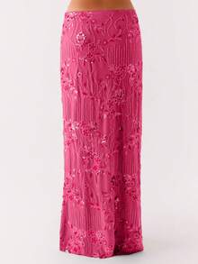 Women's Y2K Summer Sequin Maxi Skirt Sparkle Rhinestone High Waist Floral Embroidery Long Skirt Going Out Glitter Skirt Club Streetwear - 玫紅色 - 查看 3