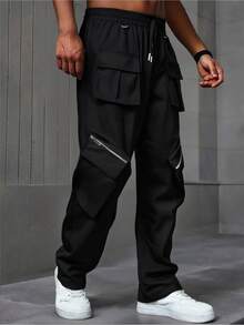 Men's Casual Drawstring Waist Cargo Long Pants - Black - View 1