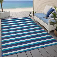 Outdoor Waterproof Patio Rug 5X8 6x9 8X10 9X12 Plastic Straw Reversible Lightweight Outside Blue Orange White Red Stripe Large Carpet Outdoor For Camping RV Porch Deck Balcony Beach - Four-color Blue and White Stripes - View 3