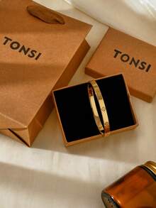 TONSI 1pc Stainless Steel 18K Gold Plated Snap Cuff Bracelet, Clover Element Cubic Zirconia Inlaid, Women Jewelry Gift Box, Birthday/Holiday Gift - Bracelet Gift Box - View 5