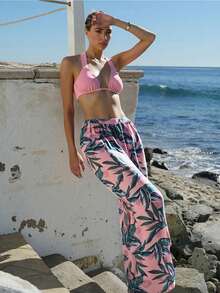 Fashionable And Sexy New Solid Color Lace-Up Micro Triangle Bikini Top, Plant Printed High-Cut Triangle Bikini Bottom And Long Skirt 3 Piece Swimsuit Set For Women - Coral Pink - View 7