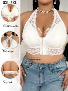 Plus Size Women Front Closure Lace Patchwork Bra, Soft & Comfortable Wireless Bra With Removable Padded, Halter Design - White - View 5