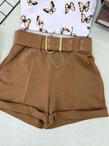 AMYLAN FASHION Neoprene Set Of Butterfly Crop Top With Padding + Shorts With Belt - 棕色 - 查看 4