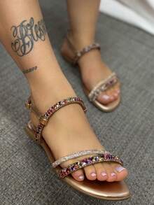 Women's Flat Flip Flops With Shiny Rhinestones And Golden Stones Comfortable And Stylish Flat Sandal - Vàng - Xem 2