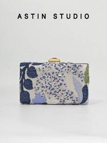 1pc Floral Sequin Decorated Clutch Bag, Elegant Party Purse, Romantic Blue Bridal Wedding Handbag, Luxury Shiny Evening Bag Suitable For Balls, Galas, Gifts With Detachable Chain - Blue - View 5