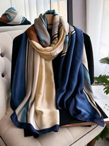 1 件女士几何印花仿丝围巾，时尚百搭防晒披肩，旅行和日常装饰，春秋