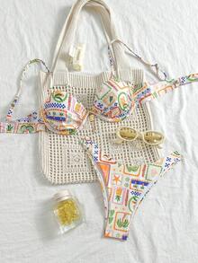 Women's Adjustable Strap, Tie-Back Printed Bikini Set With Underwired, Suitable For Summer Beach And Pool Party - Multicolor - View 1