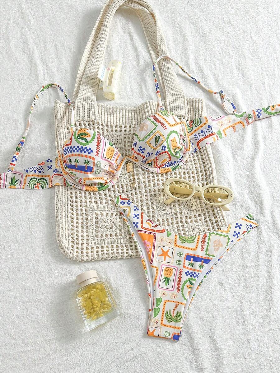 Women's Adjustable Strap, Tie-Back Printed Bikini Set With Underwired, Suitable For Summer Beach And Pool Party - Multicolor - View 1
