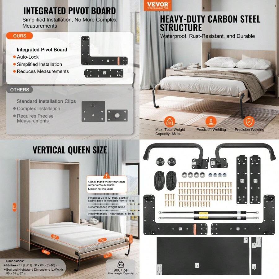 VEVOR Murphy Bed Kit Queen Size Vertical Deluxe DIY Wall Bed Hardware ...